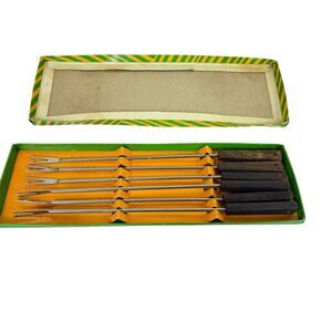 Vtg Fred Roberts 6 Piece Stainless Steel Fondue Forks Wooden Color Coded Handles